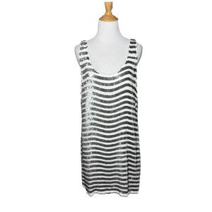 French Connection White Silver Sequin Striped Flapper Shift Tank Dress Size 10